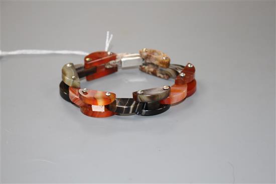 A white metal mounted Scottish hardstone and agate set demi-lune link bracelet, approx. 19.6cm.